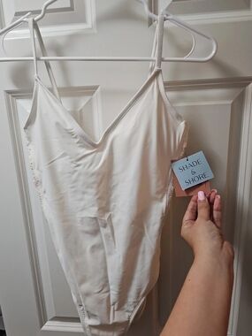 Shade & Shore Cream V-Neck Smooth One-Piece